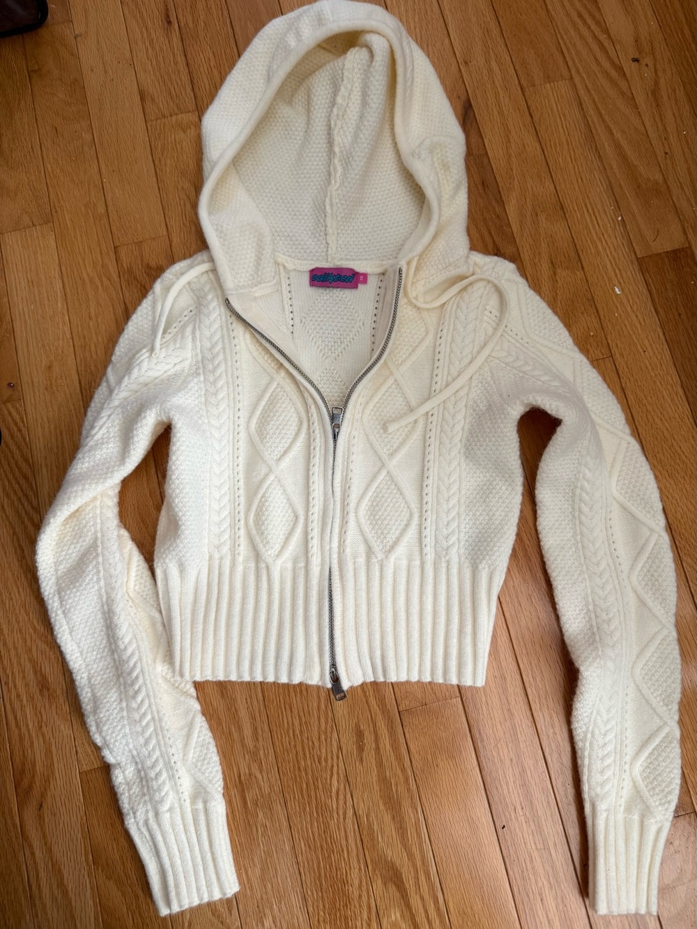 Edikted Ivory Cable-Knit Hooded Zip Sweater